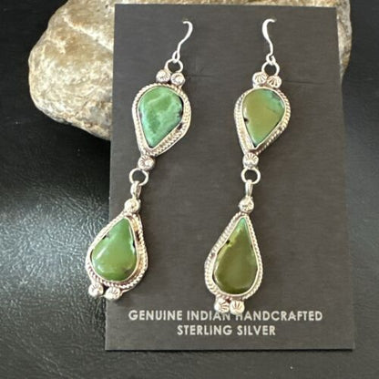 Navajo Green Royston Turquoise Dangle Earrings | Sterling Silver | Authentic Native American Handmade | 17142