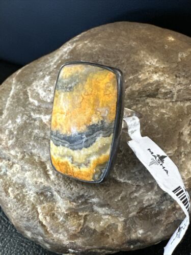 Navajo Yellow BumbleBee Jasper Adjustable Ring | Sterling Silver | Sz 8 | Authentic Native American Handmade | 14021