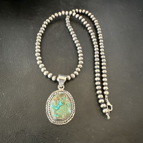 Navajo Blue Boulder Turquoise Necklace Pendant | Sterling Silver | Authentic Native American Handmade | 16801