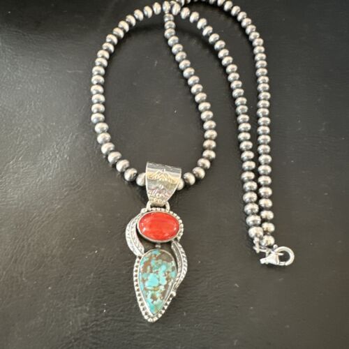 Navajo Blue Turquoise Red Spiny Oyster Pendant Necklace | Sterling Silver | Multi-Stone | 16290 - Masha USA