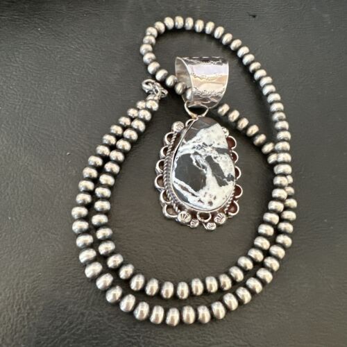 Men's White Buffalo Turquoise Pendant | Navajo Pearl Sterling Silver Necklace 21" | Handmade 17039