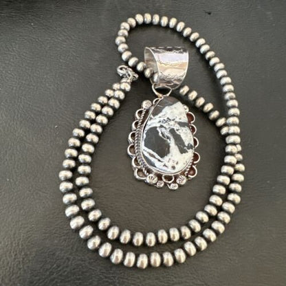 Men's White Buffalo Turquoise Pendant | Navajo Pearl Sterling Silver Necklace 21" | Handmade 17039