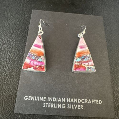 Navajo Blue Turquoise & Purple Spiny Oyster Inlay Dangle Earrings | Sterling Silver | 15564
