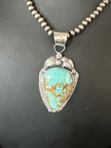 Navajo Pearls Sterling Silver Necklace with Blue Turquoise #8 Pendant | Authentic Native American Handmade | 14857