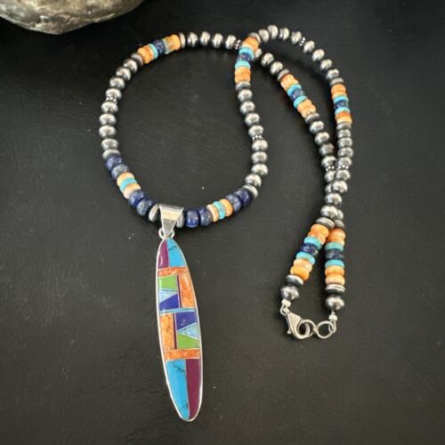 Navajo Spiny Oyster Turquoise Lapis Inlay Pendant Necklace | Sterling Silver | 21" | Authentic Native American Handmade | 16766