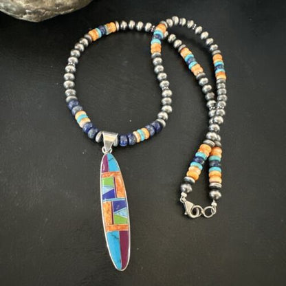 Navajo Spiny Oyster Turquoise Lapis Inlay Pendant Necklace | Sterling Silver | 21" | Authentic Native American Handmade | 16766