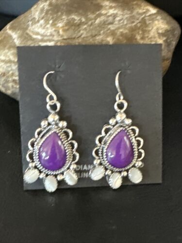 Navajo Purple Sugilite White Mother of Pearl Earrings | Sterling Silver | 1" | Authentic Native American Handmade | 15334