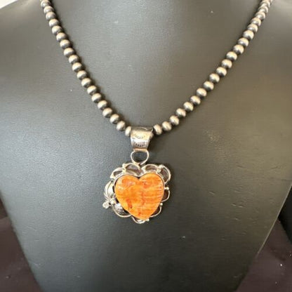 Navajo Orange Spiny Oyster Heart Pendant Necklace | Sterling Silver | Authentic Native American Handmade | 16447