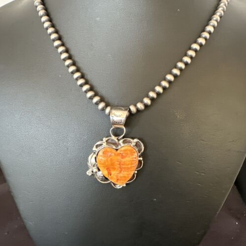 Navajo Orange Spiny Oyster Heart Pendant Necklace | Sterling Silver | Authentic Native American Handmade | 16447