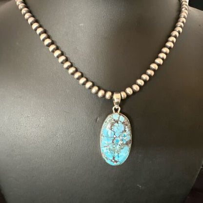 Navajo Blue Spiderweb Turquoise Pendant Necklace | Sterling Silver | Authentic Native American Handmade | 17026