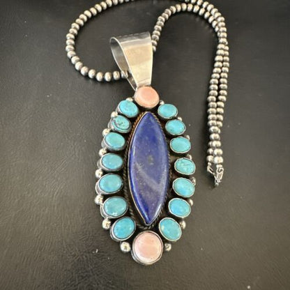 Navajo Multi-Stone Necklace | Lapis, Pink, Blue Turquoise | Sterling Silver | Authentic Native American Handmade | 17455