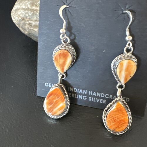 Navajo Orange Spiny Oyster Dangle Earrings | Sterling Silver | 1.5" | Authentic Native American Handmade | 16564