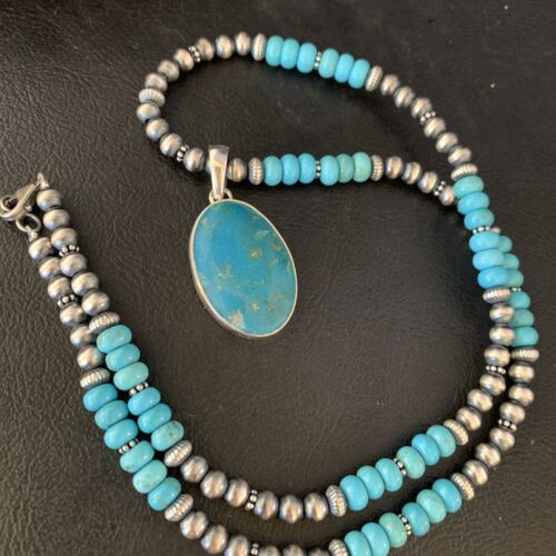 Navajo Blue Turquoise Pendant Necklace | Sterling Silver | Authentic Native American Handmade | 13867