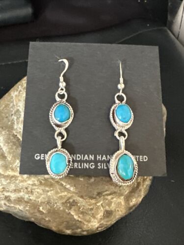 Kingman Turquoise Dangle Earrings | Navajo Handmade | Sterling Silver | Authentic Native American | 14868