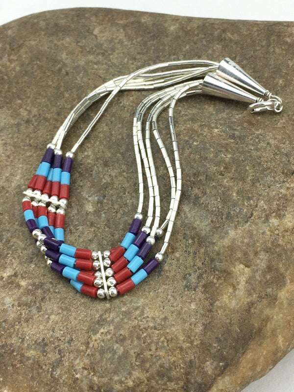 Multicolored Turquoise Coral Liquid Heishi Bracelet | Sterling Silver | 5 Strands | Native American Handmade | 1093