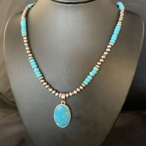 Navajo Blue Turquoise Pendant Necklace | Sterling Silver | Authentic Native American Handmade | 13867