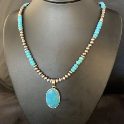 Navajo Blue Turquoise Pendant Necklace | Sterling Silver | Authentic Native American Handmade | 13867