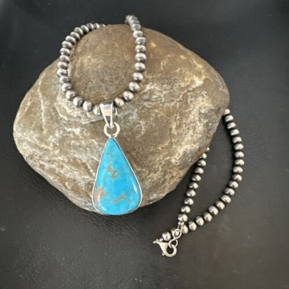 Navajo Blue Kingman Turquoise Pendant Necklace | Sterling Silver | 20" | Authentic Native American Handmade | 17011