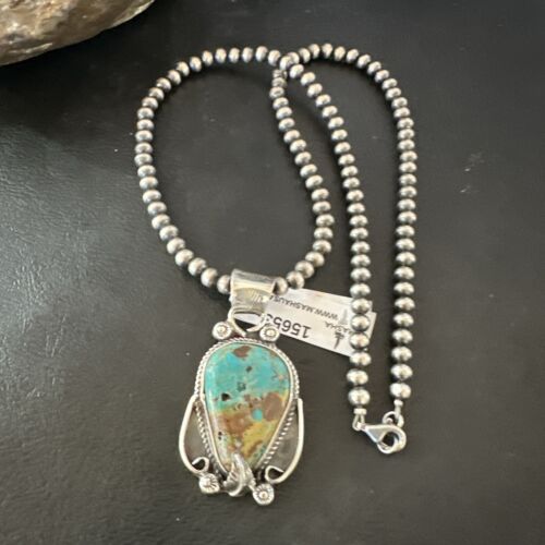 Navajo Blue Turquoise Pendant Necklace | Sterling Silver Pearls | Authentic Native American Handmade | 15653 - Masha USA