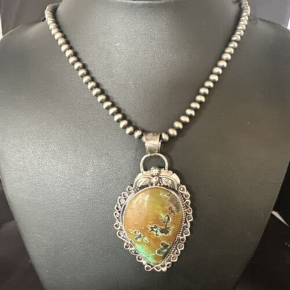 Navajo Mint Green Turquoise Pendant Necklace | Sterling Silver | Authentic Native American Handmade | 15034