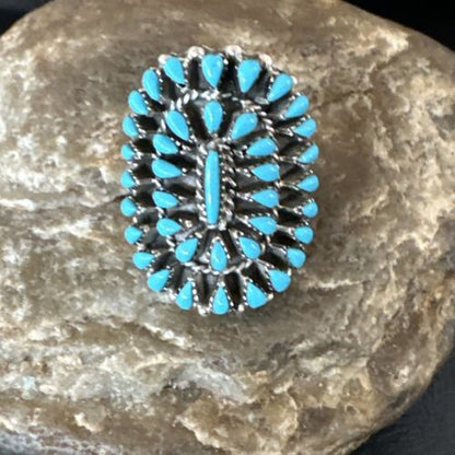 Navajo Blue Turquoise Cluster Ring | Authentic Native American Sterling Silver | Multi-Stone | Adjustable Sz 7 | 15703