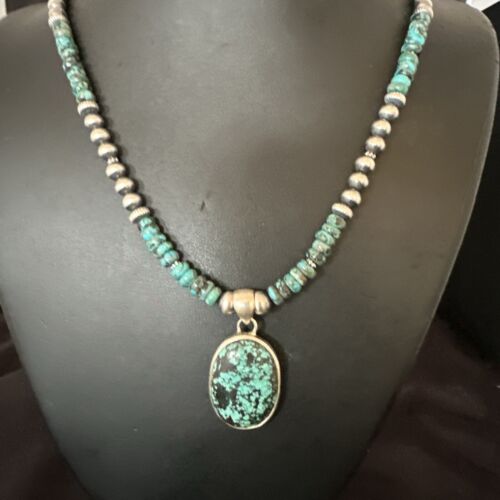 Men's Blue Spiderweb Turquoise Pendant Necklace | Navajo Sterling Silver | Authentic Native American Handmade | 17083