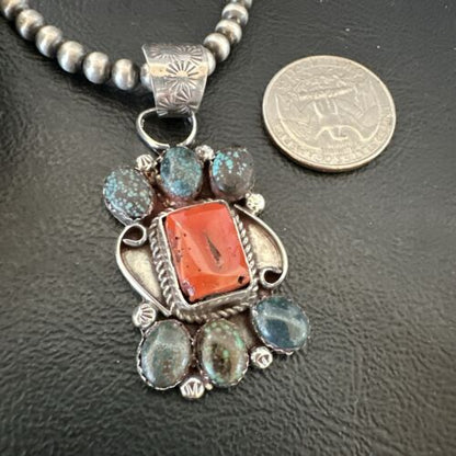 Navajo Turquoise Coral Cluster Pendant Necklace | Sterling Silver | Authentic Native American Handmade | 17186