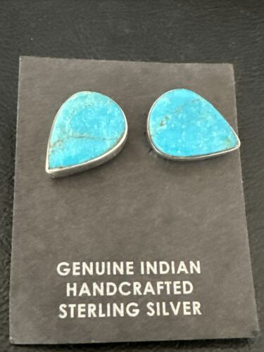 Navajo Blue Kingman Turquoise Post Stud Earrings | Sterling Silver | Authentic Native American Handmade | 17408