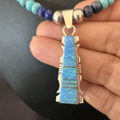 Navajo Opal Inlay Pendant Turquoise & Lapis | Sterling Silver Necklace | Native American Handmade | 16847