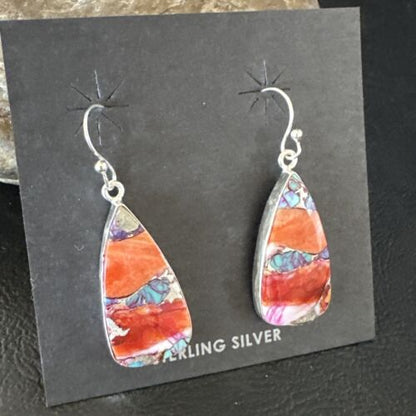 Navajo Blue Turquoise Red Spiny Oyster Inlay Dangle Earrings | Sterling Silver | 15560