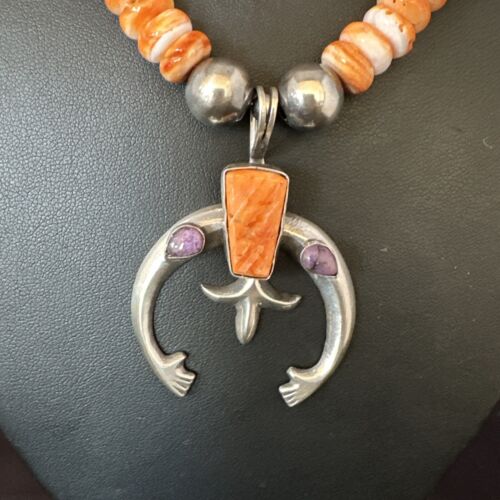 Men's Orange Spiny Oyster Sugilite Naja Pendant Necklace | Navajo Sterling Silver | 22" | Authentic Native American Handmade | 15226