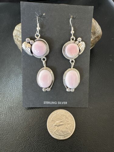 Navajo Pink Conch Shell Dangle Earrings | Sterling Silver | Authentic Native American Handmade | 17198