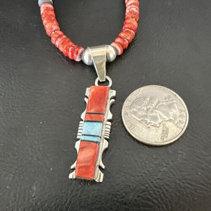 Navajo Red Spiny Oyster Opal Pendant Necklace | Sterling Silver Inlay | Authentic Native American Handmade | 16885
