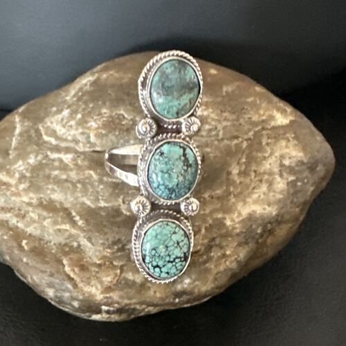 Navajo Blue Spiderweb Turquoise 3-Stone Ring | Authentic Native American Sterling Silver | Multi-Stone | Sz 9 | 16706