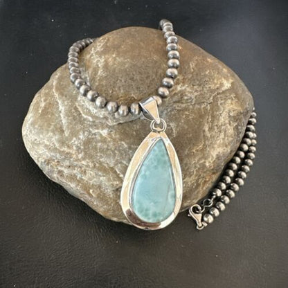 Navajo Blue Larimar Pendant Necklace | Sterling Silver Beads | Authentic Native American Handmade | 16963