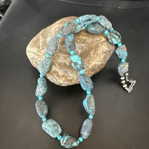Navajo Blue Nugget Turquoise Bead Necklace | Sterling Silver Pearls | 20" | Authentic Native American Handmade | 16002
