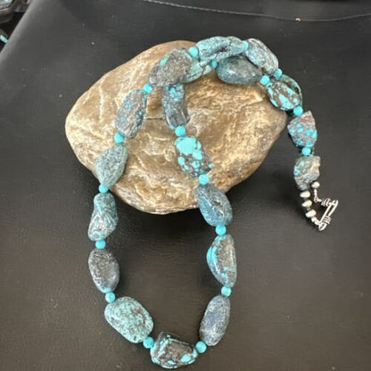 Navajo Blue Nugget Turquoise Bead Necklace | Sterling Silver Pearls | 20" | Authentic Native American Handmade | 16002