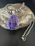 Navajo Pearls Purple Charoite Pendant Necklace | Sterling Silver Beads | Authentic Native American Handmade | 15517