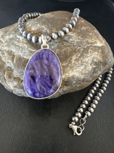 Navajo Pearls Purple Charoite Pendant Necklace | Sterling Silver Beads | Authentic Native American Handmade | 15517