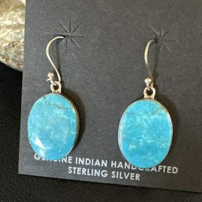 Navajo Blue Kingman Turquoise Dangle Earrings | Sterling Silver | Authentic Native American Handmade | 15436