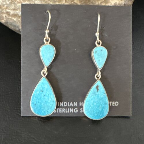 Navajo Blue Kingman Turquoise Dangle Earrings | Sterling Silver | Authentic Native American Handmade | 15110