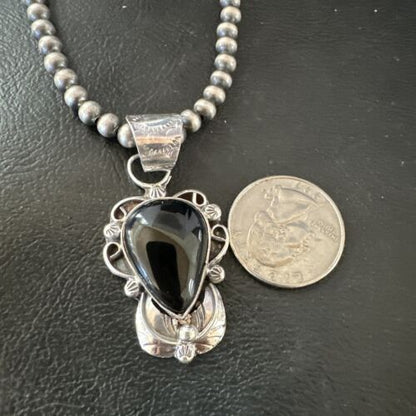 Navajo Pearls Black Onyx Necklace Pendant | Sterling Silver | Authentic Native American Handmade | 16532