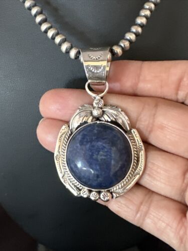 Men's Denim Lapis Lazuli Pendant Necklace | Navajo Beads | Sterling Silver | Authentic Native American Handmade | 14884