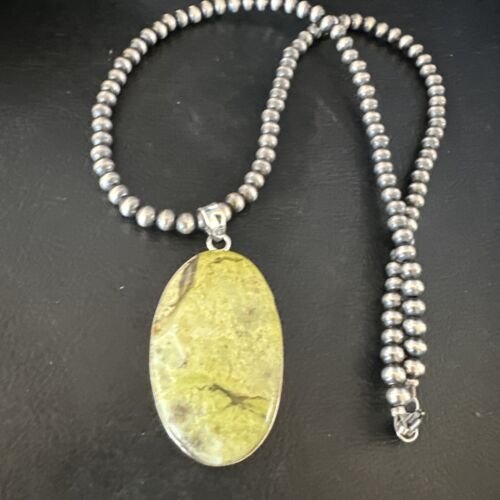 Navajo Green Gaspeite Pendant Necklace | Sterling Silver | Authentic Native American Handmade | 15482