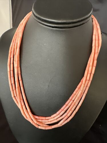 Navajo Pink Coral Tube Heishi Bead Necklace | 5-Strand Sterling Silver | 18" | Authentic Native American Handmade | 15278 - Masha USA