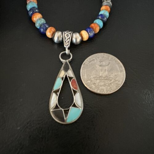 Navajo Spiny Oyster Turquoise Lapis Inlay Pendant Necklace | Sterling Silver | 21" | Authentic Native American Handmade | 16768