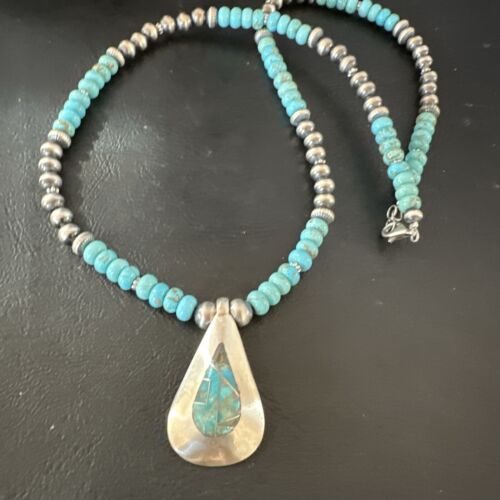 Navajo Blue Spiderweb Turquoise Inlay Pendant Necklace | Sterling Silver | Authentic Native American Handmade | 17120