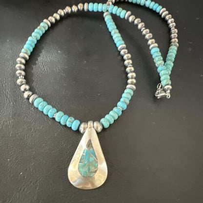 Navajo Blue Spiderweb Turquoise Inlay Pendant Necklace | Sterling Silver | Authentic Native American Handmade | 17120
