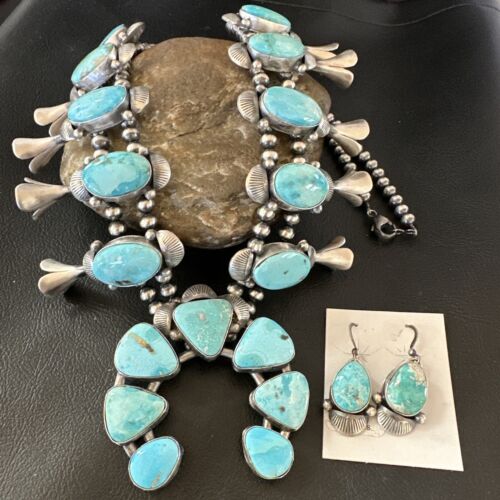 Kingman Turquoise Navajo Squash Blossom Necklace & Earrings | Sterling Silver | Native American Handmade | 16537