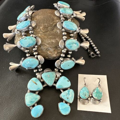 Kingman Turquoise Navajo Squash Blossom Necklace & Earrings | Sterling Silver | Native American Handmade | 16537